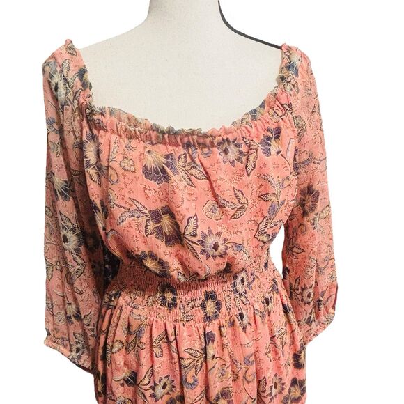 Patrons of Peace OTS Fresco Dress Sz Large Peach Floral Tiered Skirt - Picture 4 of 12